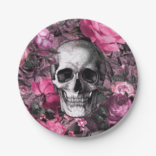 Pink Floral Goth Skull Paper Plate