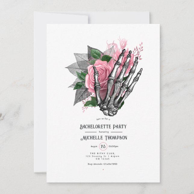 Pink Floral Gothic Skeleton Bachelorette Party Invitation (Front)