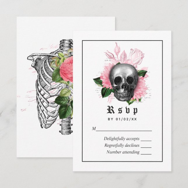 Pink Floral Gothic Skeleton Wedding RSVP Card (Front/Back)