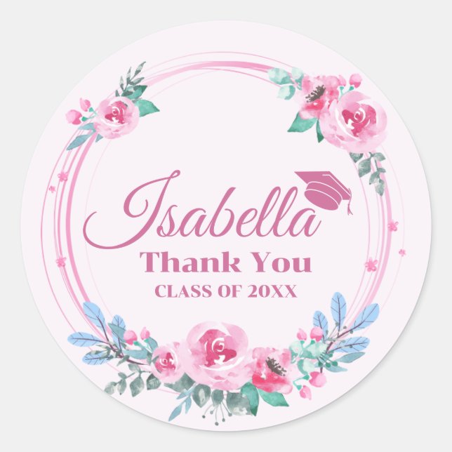 Pink Floral Grad Name Graduation  Classic Round Sticker (Front)