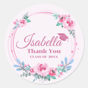 Pink Floral Grad Name Graduation Napkins Classic Round Sticker