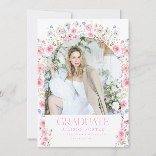 Pink Floral Graduation Announcement Card Invite (Front)
