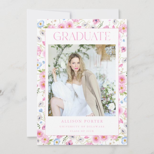 Pink Floral Graduation Announcement Card Invite (Front)