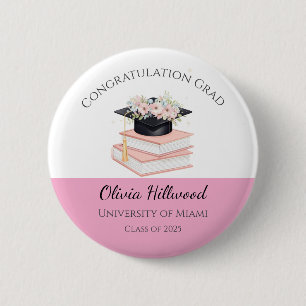 Pink Floral Graduation cap Uni Name 6 Cm Round Badge
