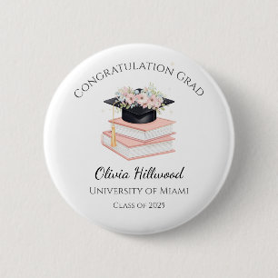 Pink Floral Graduation cap Uni Name  6 Cm Round Badge