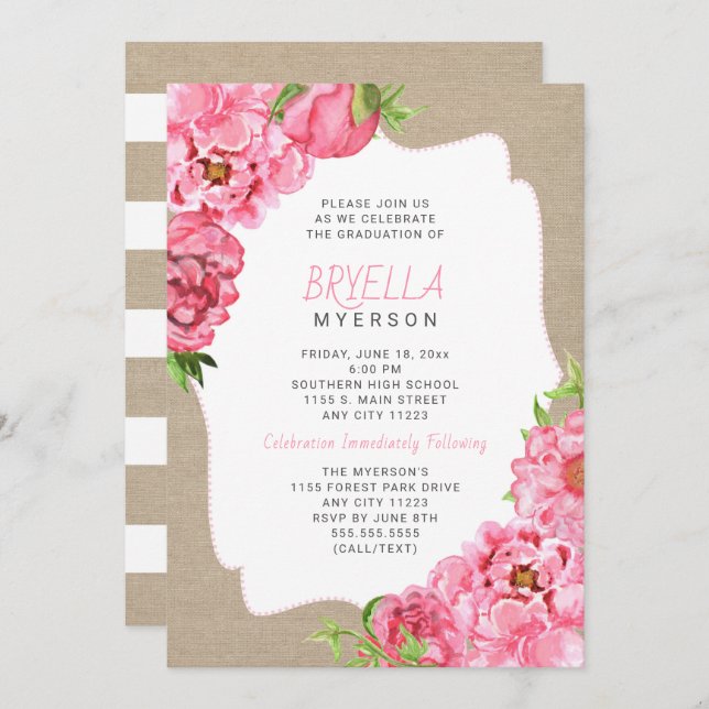 Pink Floral Graduation ceremony party invitations (Front/Back)