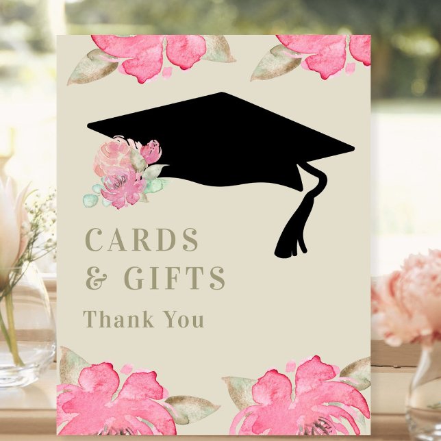 Pink Floral Graduation Party Cards and Gifts Pedestal Sign (Creator Uploaded)