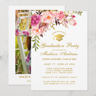 Pink Floral Graduation Party Invite - Back Photo