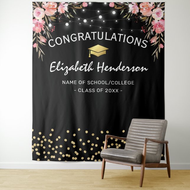 Pink Floral Graduation Photo Backdrop Tapestry (In Situ)