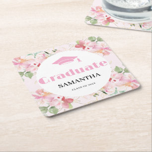 Pink Floral Graduation Square Paper Coaster