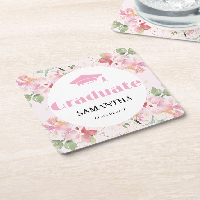 Pink Floral Graduation  Square Paper Coaster (Angled)