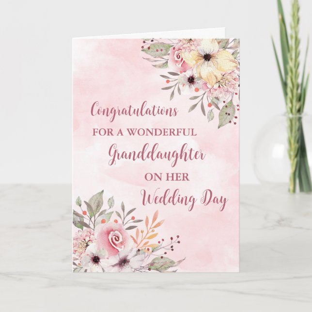 Pink Floral Granddaughter Wedding Congratulations Card (Front)