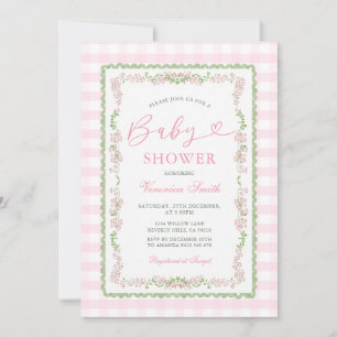 Pink Floral Grandmillenial Baby Shower Gingham Invitation