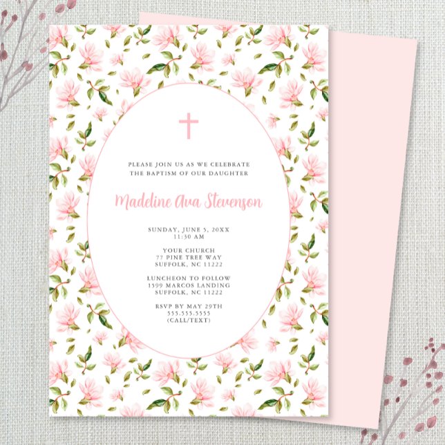 Pink Floral Grandmillenial girl baptism invitation (Creator Uploaded)