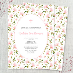 Pink Floral Grandmillenial girl baptism invitation