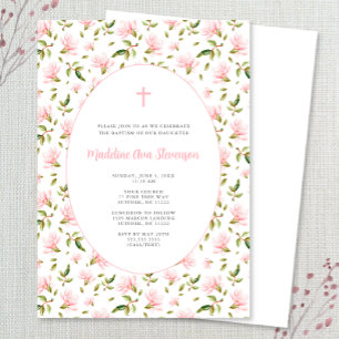 Pink Floral Grandmillenial girl baptism invitation