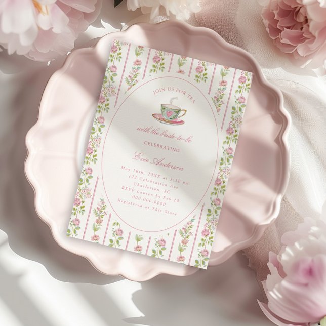 Pink Floral Grandmillennial Bridal Tea Party  Invitation (Creator Uploaded)