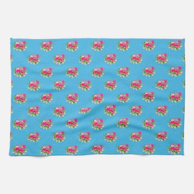 Pink Floral Graphic Pattern Blue Background Tea Towel (Horizontal)