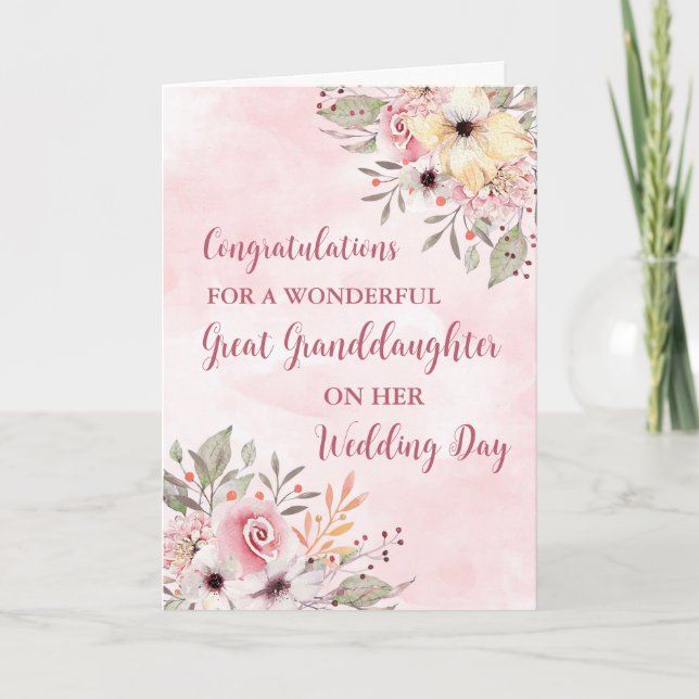 Pink Floral Great Granddaughter Wedding  Card (Front)
