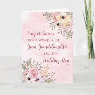 Pink Floral Great Granddaughter Wedding  Card