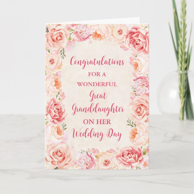 Pink Floral Great Granddaughter Wedding Day Card (Front)
