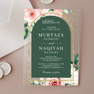 Pink Floral Green Arch Muslim Wedding Acrylic Invitations