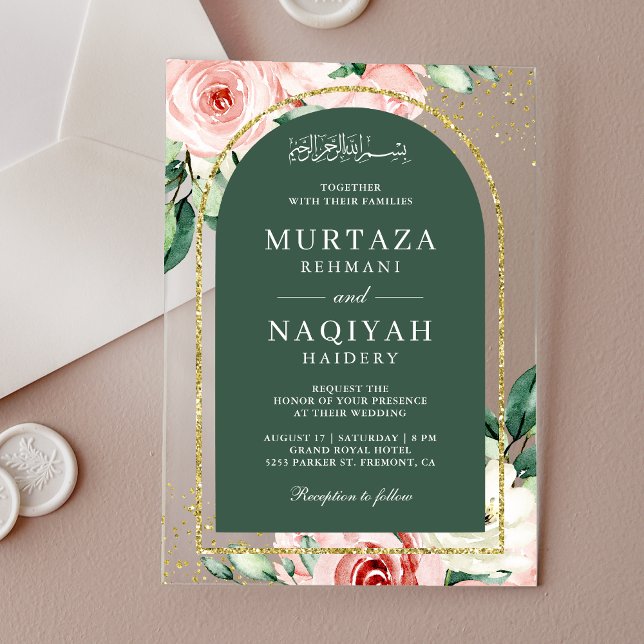 Pink Floral Green Arch Muslim Wedding Acrylic Invitations (Creator Uploaded)