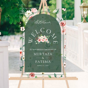 Pink Floral Green Arch Muslim Wedding Welcome Acrylic Sign