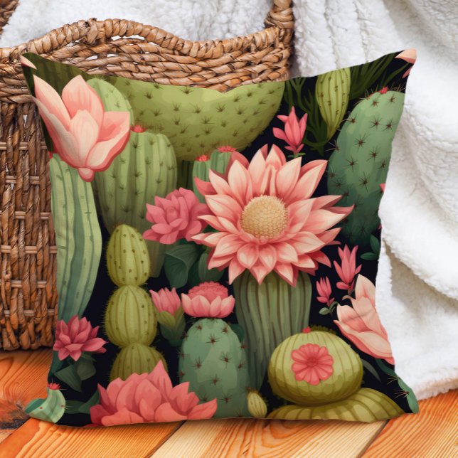 Pink Floral Green Cactus Black Desert Bohemian Cushion (Desert cactus pink flowers succulents on black pillow)