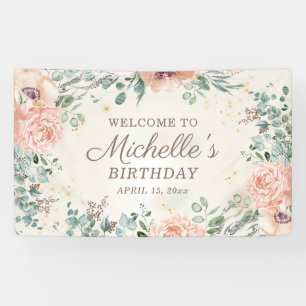 Pink Floral Green Foliage Gold Glitter Birthday Banner