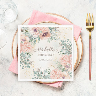 Pink Floral Green Foliage Gold Glitter Birthday Napkin