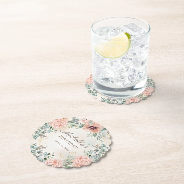Pink Floral Green Foliage Gold Glitter Birthday Paper Coaster (Insitu)
