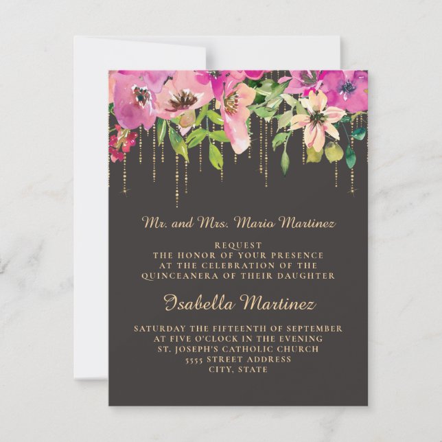 Pink Floral Green Leaves Black Gold Quinceañera Invitation (Front)