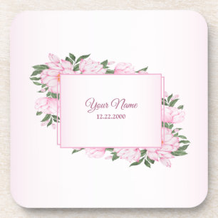 Pink Floral Green Leaves Elegant Wedding Party Coaster