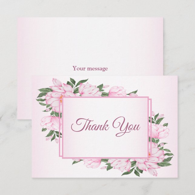 Pink Floral Green Leaves Elegant Wedding Party Thank You Card (Front/Back)