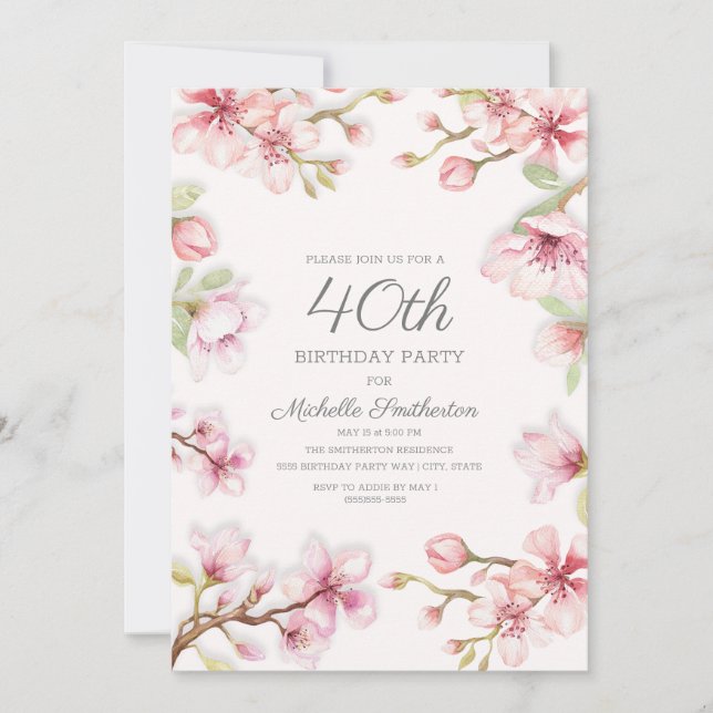 Pink Floral Green Leaves Women's 40th Birthday Invitation (Front)