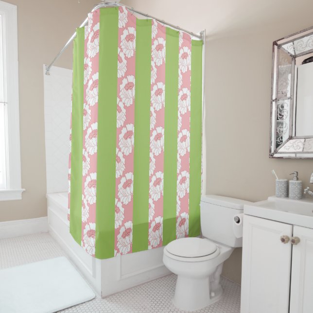 Pink Floral, Green Stripes Shower Curtain (In Situ)