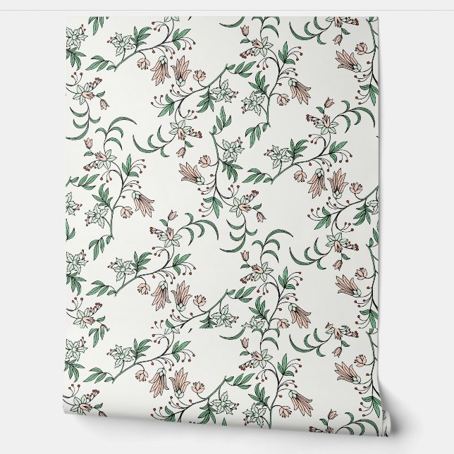 Pink Floral Green Vine Vintage Botanical Wallpaper (Unrolling)