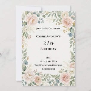 Pink Floral Green Wreath Birthday Invitation