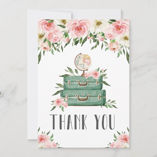 Pink Floral Greenery Adventure Baby Shower Travel  Thank You Card (Front)