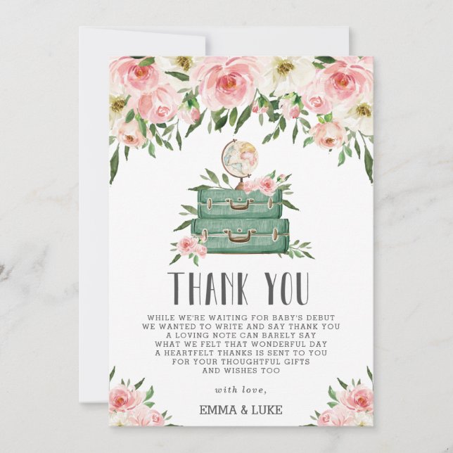 Pink Floral Greenery Adventure Baby Shower Travel Thank You Card (Front)