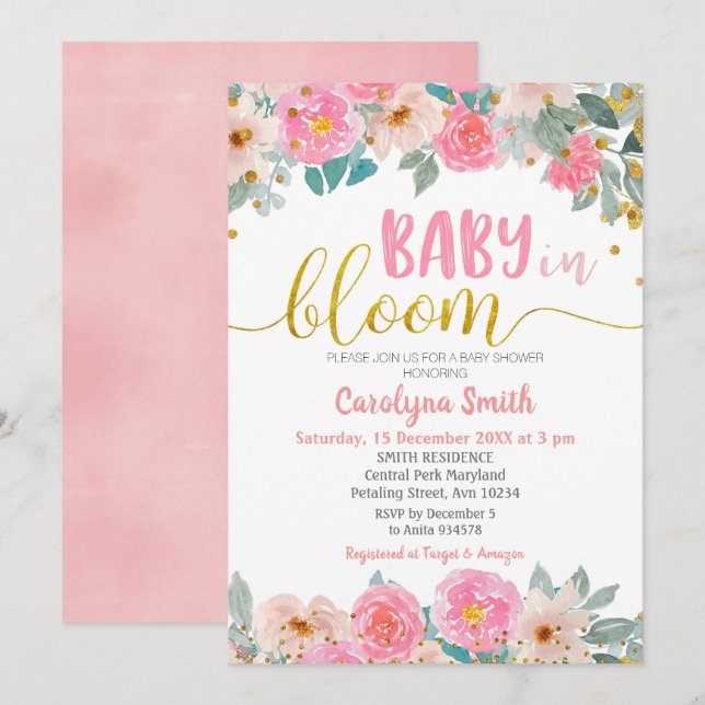 Pink Floral Greenery Baby in Bloom Invitation (Front/Back)