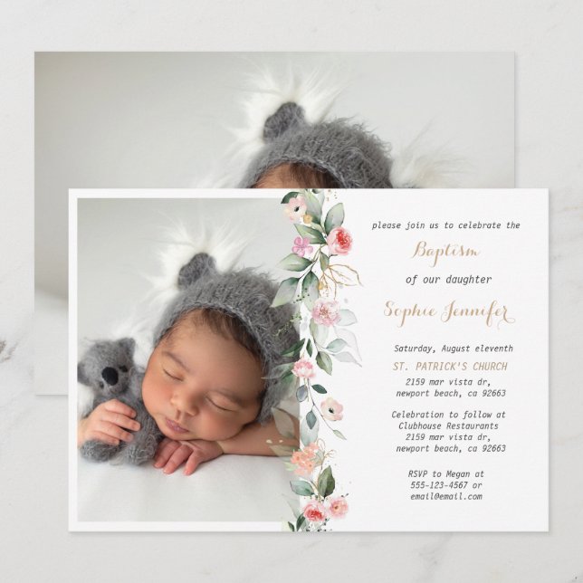 Pink Floral Greenery Baptism Girl Invitation (Front/Back)