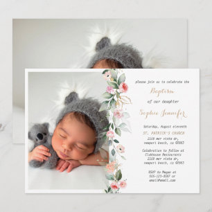 Pink Floral Greenery Baptism Girl Invitation