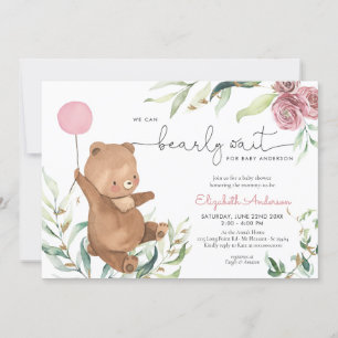 Pink Floral Greenery Bear Balloon Girl Baby Shower Invitation
