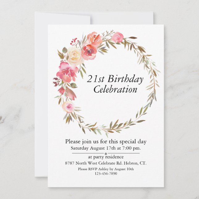 Pink Floral Greenery Boho,Customisable 21 Birthday Invitation (Front)
