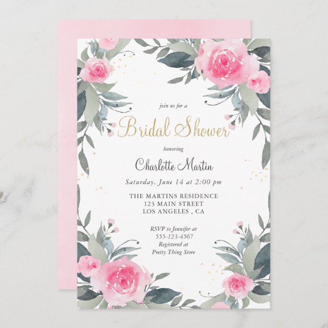 Pink Floral Greenery Bridal Shower Invitation (Front/Back)