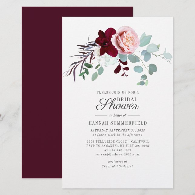 Pink Floral Greenery Bridal Shower Invitation Stationery (Front/Back)