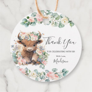 Pink Floral Greenery Cute Highland Cow Thank You Favour Tags