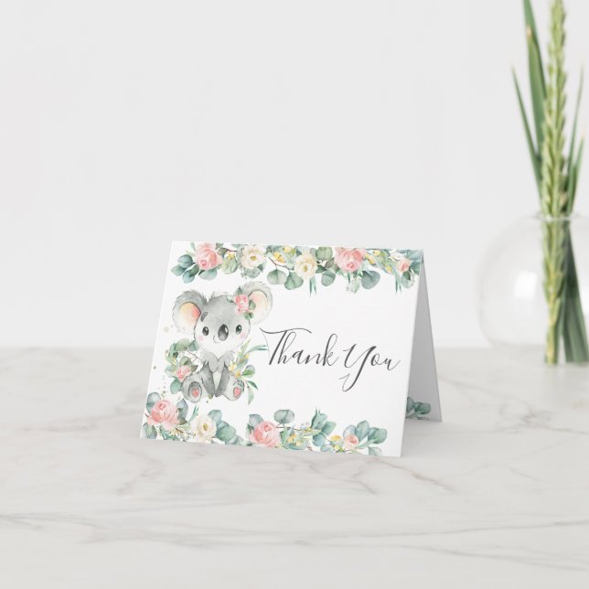 Pink Floral Greenery Cute Koala 1st Birthday Girl  Thank You Card (Front)